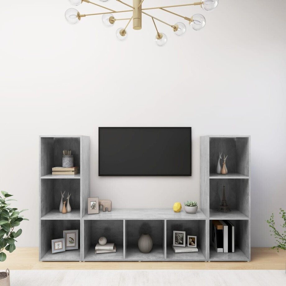 vidaXL Tv-meubelen 3 st 107x35x37 cm bewerkt hout betongrij afbeelding 1