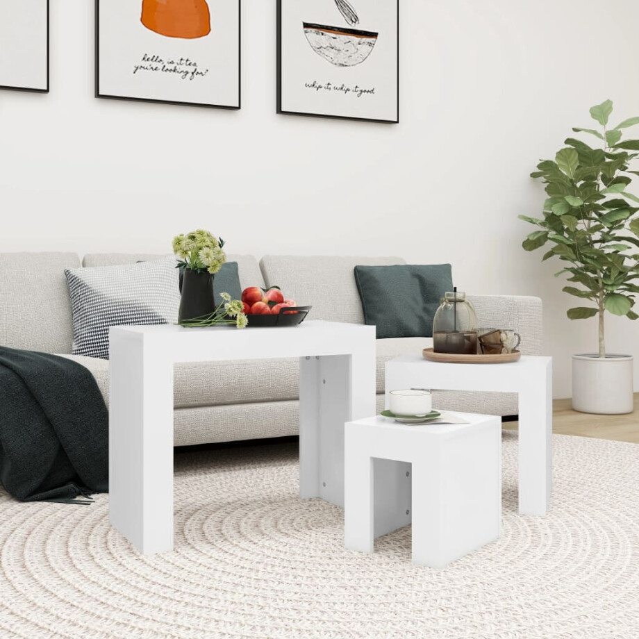 vidaXL 3-delige Tafeltjesset bewerkt hout wit vidaXL 3-delige Tafeltjesset bewerkt hout wit afbeelding 1
