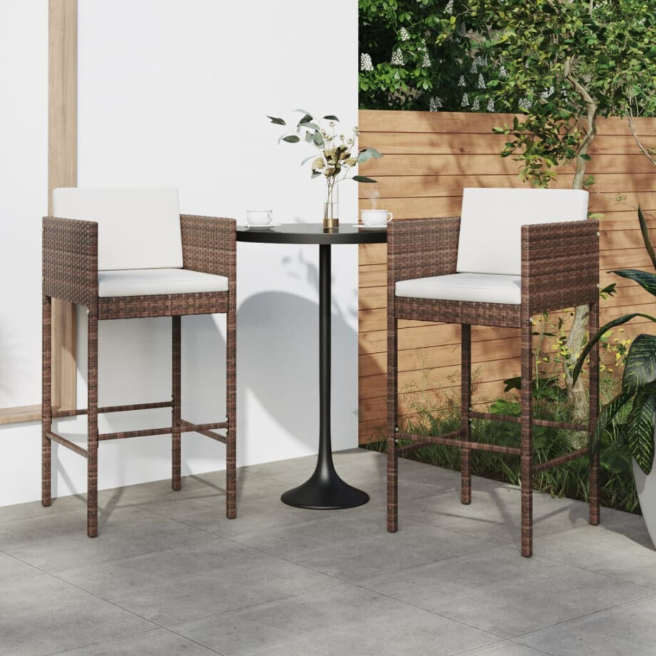 vidaXL Barkrukken 2 st met kussens poly rattan bruin afbeelding 1