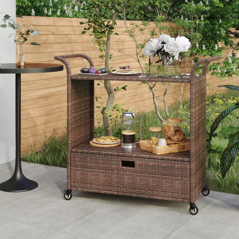 vidaXL Serveerwagen met lade 100x45x97 cm poly rattan bruin afbeelding 1