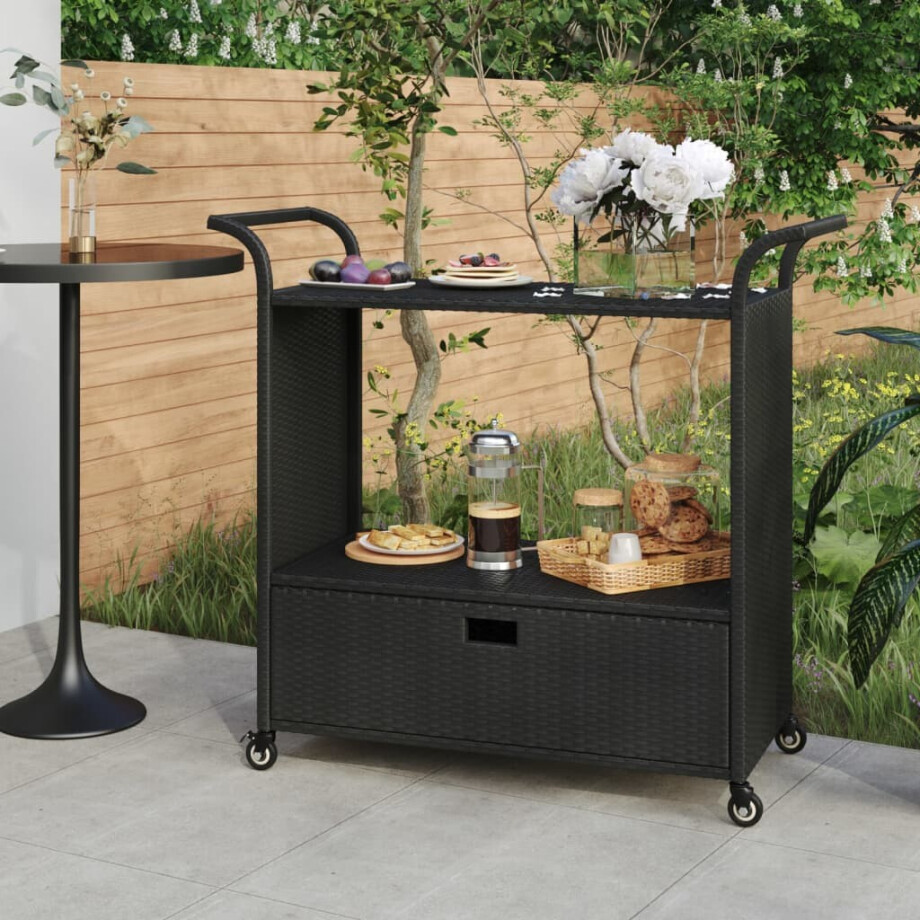 vidaXL Serveerwagen met lade 100x45x97 cm poly rattan zwart afbeelding 1