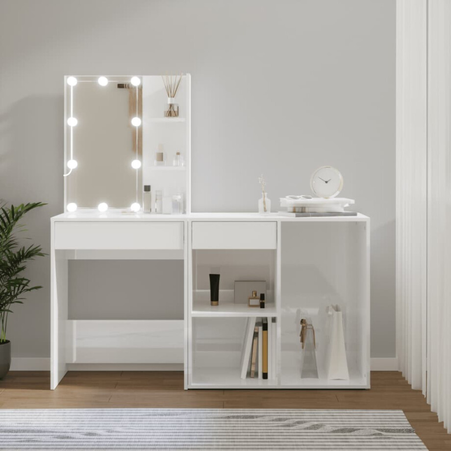 vidaXL Kaptafel met kastje en LED's bewerkt hout hoogglans wit afbeelding 1
