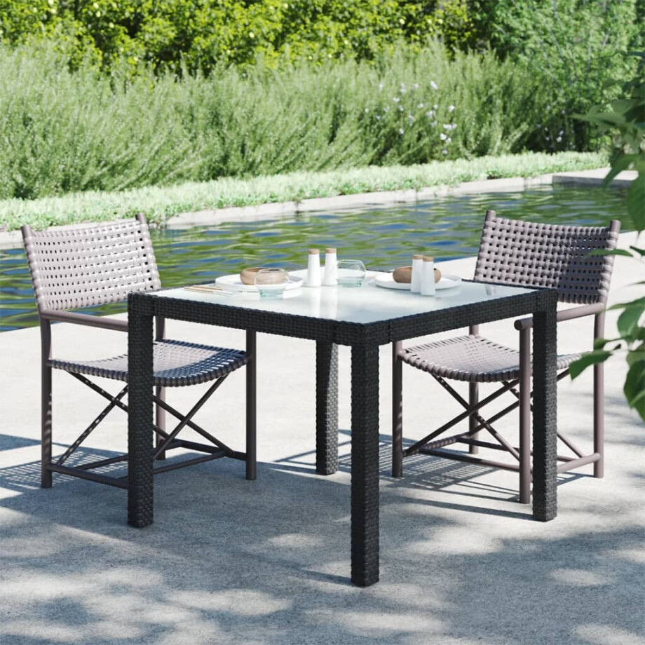vidaXL Tuintafel 90x90x75 cm gehard glas en poly rattan zwart afbeelding 1