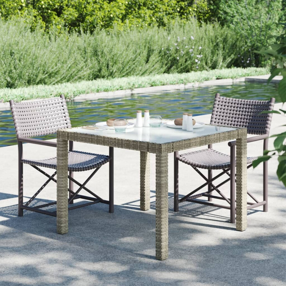 vidaXL Tuintafel 90x90x75 cm gehard glas en poly rattan grijs afbeelding 1