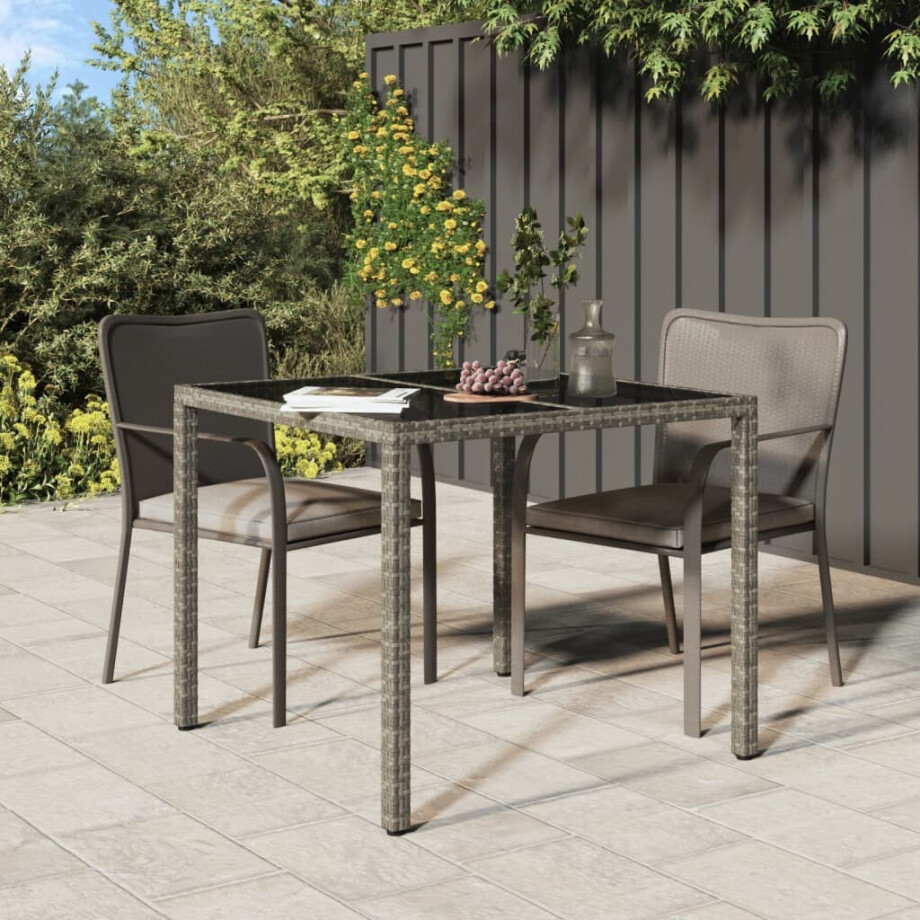 vidaXL Tuintafel 90x90x75 cm gehard glas en poly rattan grijs afbeelding 1