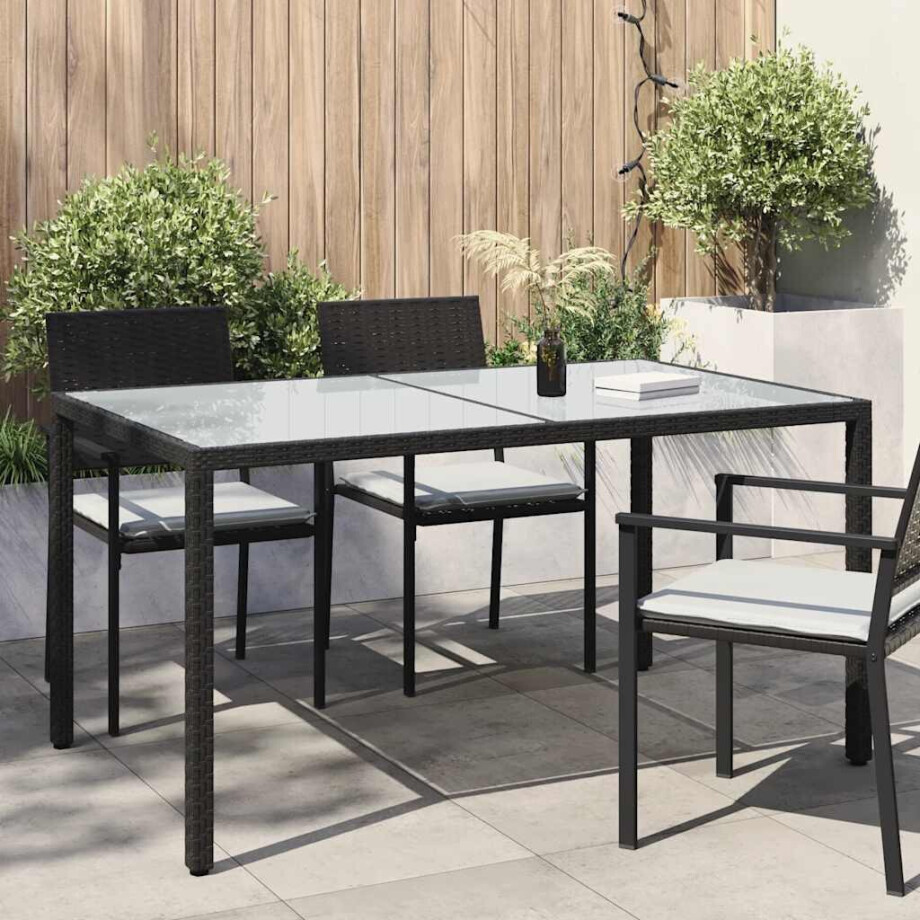 vidaXL Tuintafel 150x90x75 cm gehard glas en poly rattan zwart vidaXL Tuintafel 150x90x75 cm gehard glas en poly rattan zwart afbeelding 1