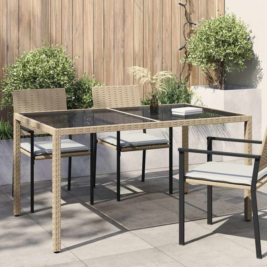 vidaXL Tuintafel 150x90x75 cm gehard glas en poly rattan beige afbeelding 1