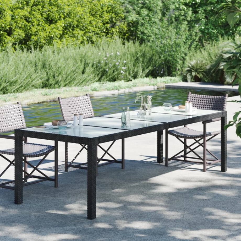 vidaXL Tuintafel 250x100x75 cm gehard glas en poly rattan zwart afbeelding 1
