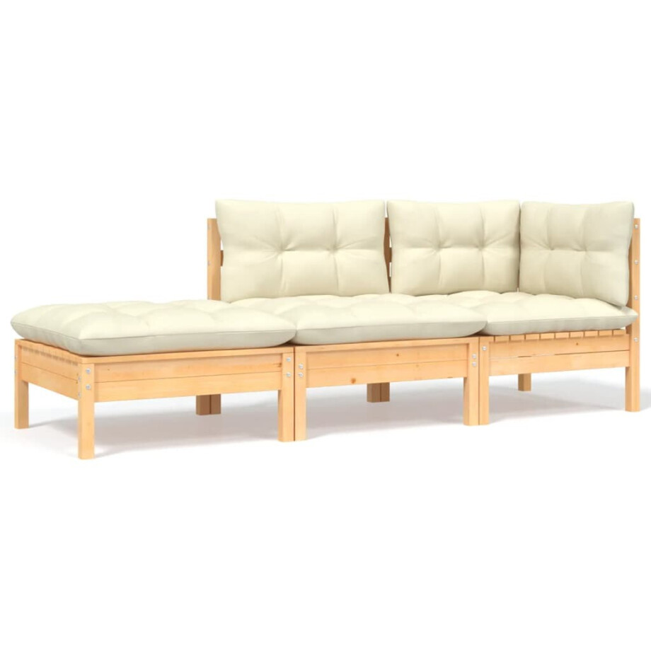 vidaXL 3-delige Loungeset met crèmekleurige kussens massief grenenhout afbeelding 1