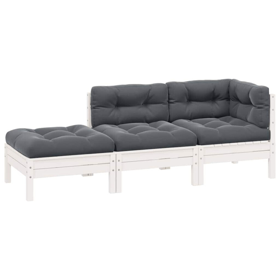 vidaXL 3-delige Loungeset met kussens massief grenenhout wit afbeelding 1