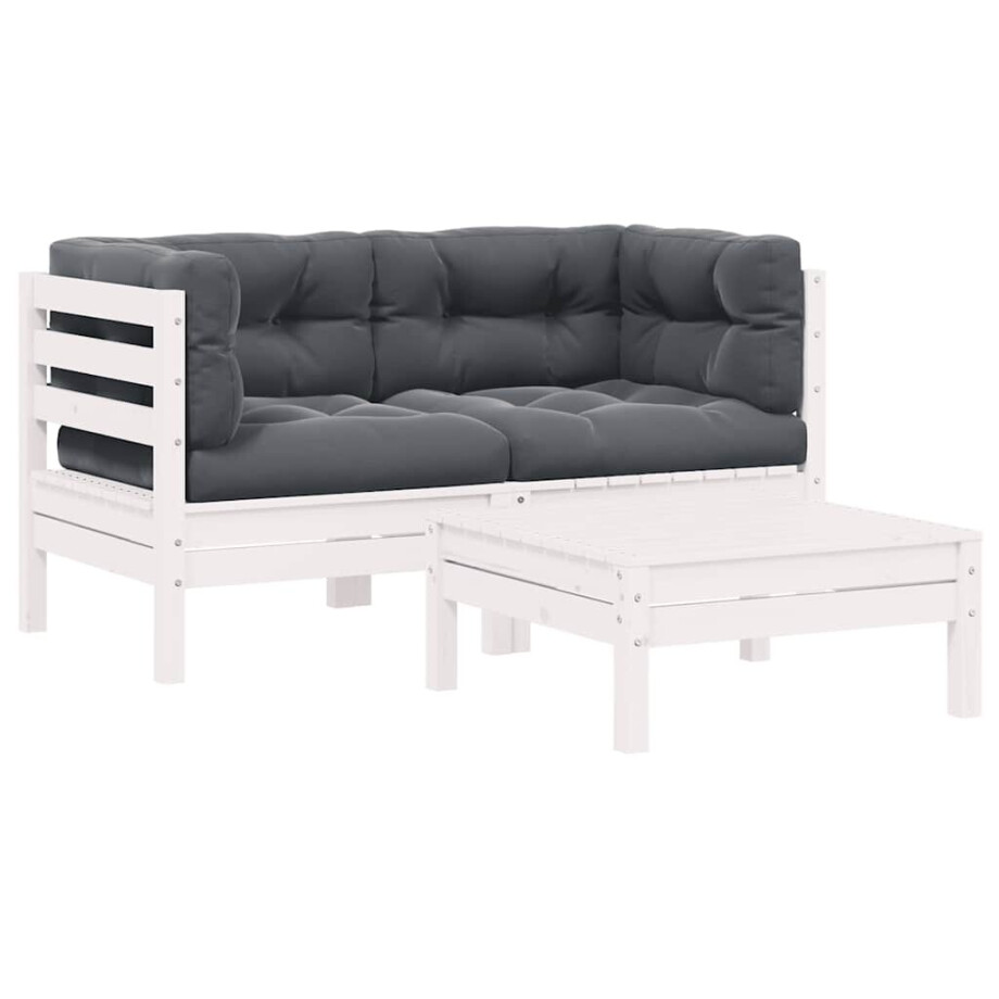 vidaXL 3-delige Loungeset met kussens massief grenenhout wit afbeelding 1