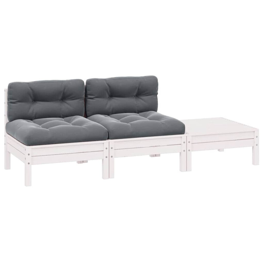 vidaXL 3-delige Loungeset met kussens massief grenenhout wit afbeelding 1