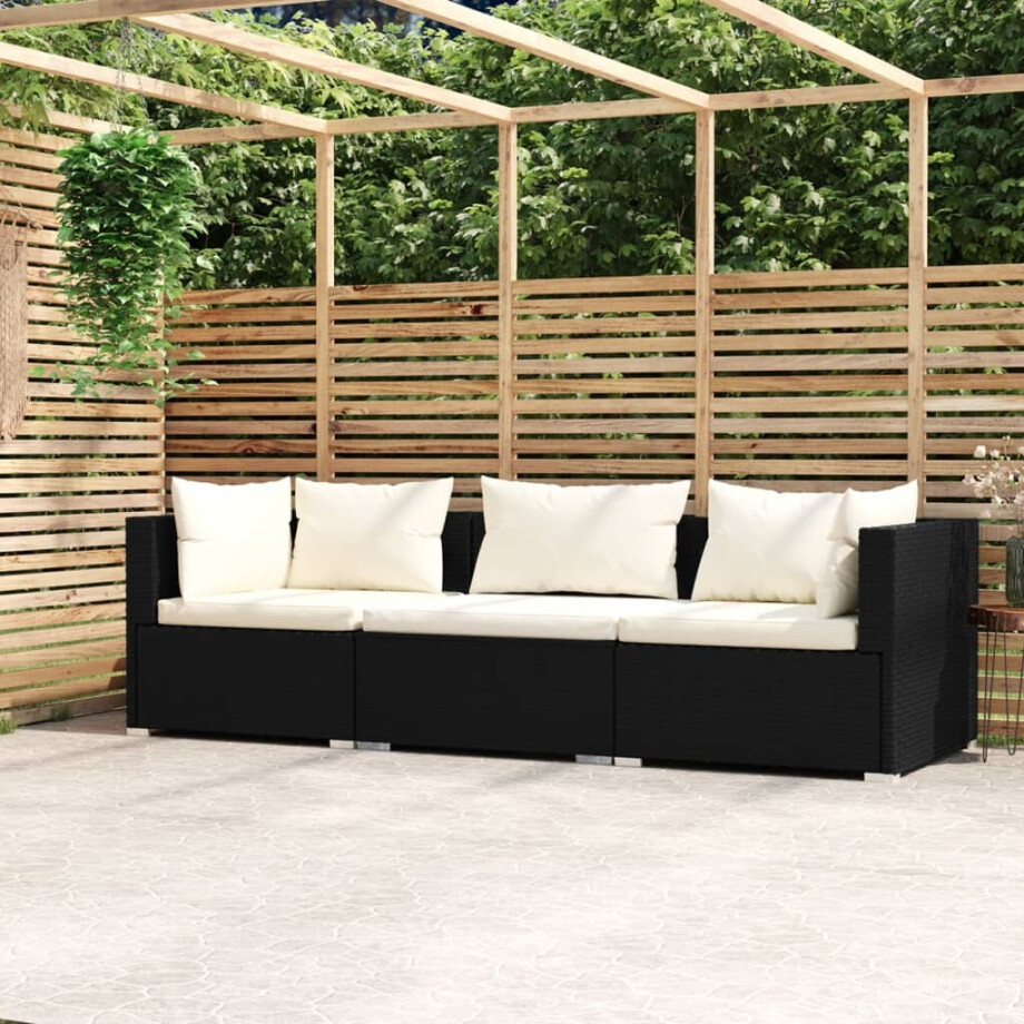 vidaXL Driezitsbank met kussens poly rattan zwart afbeelding 1