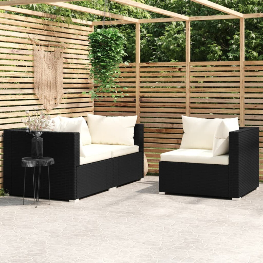 vidaXL 3-delige Loungeset met kussens poly rattan zwart afbeelding 1