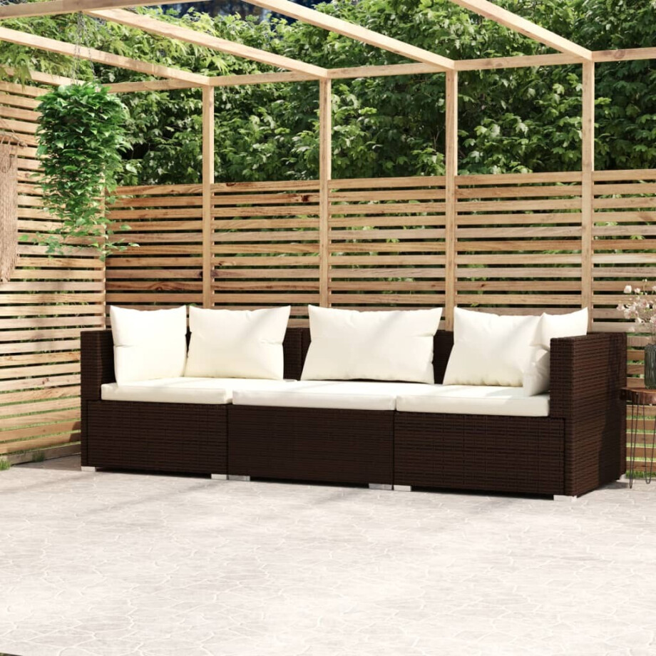 vidaXL Driezitsbank met kussens poly rattan bruin afbeelding 1