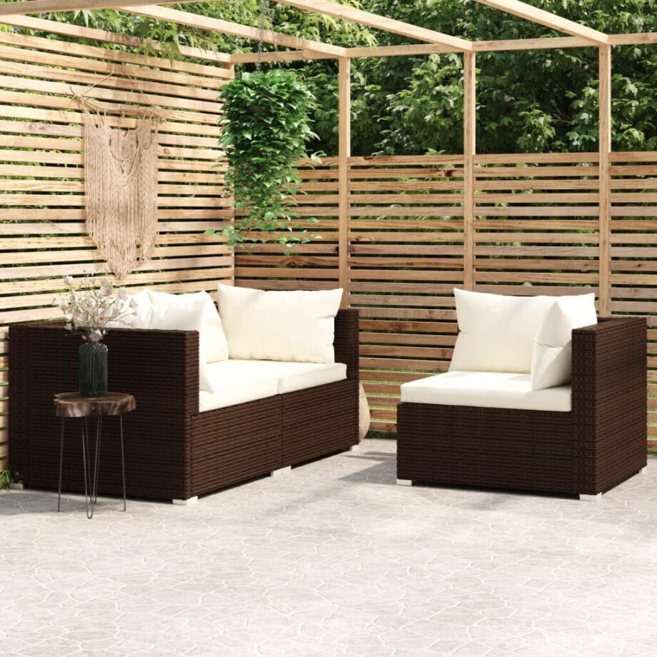 vidaXL 3-delige Loungeset met kussens poly rattan bruin afbeelding 1
