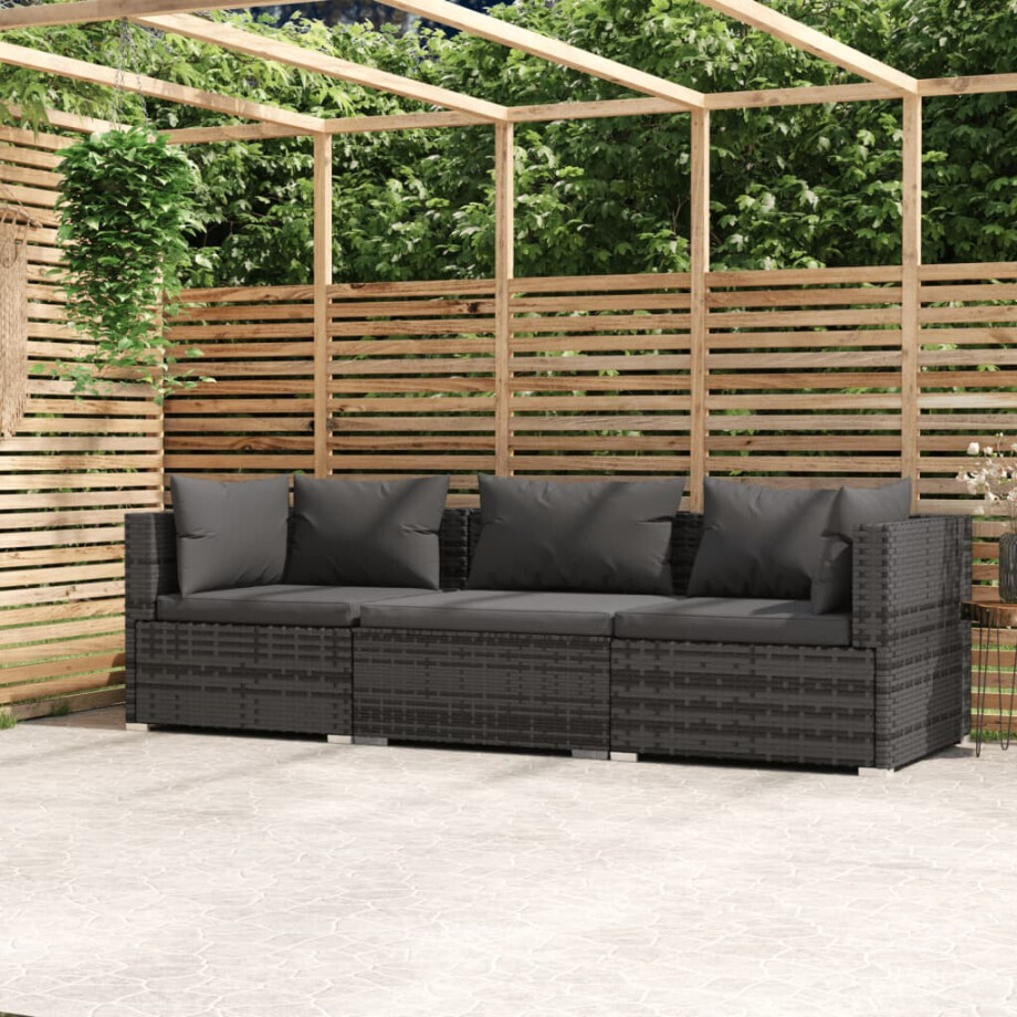 vidaXL Driezitsbank met kussens poly rattan grijs afbeelding 1