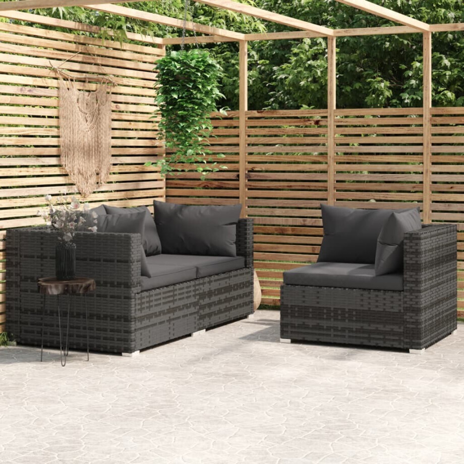 vidaXL 3-delige Loungeset met kussens poly rattan grijs afbeelding 1
