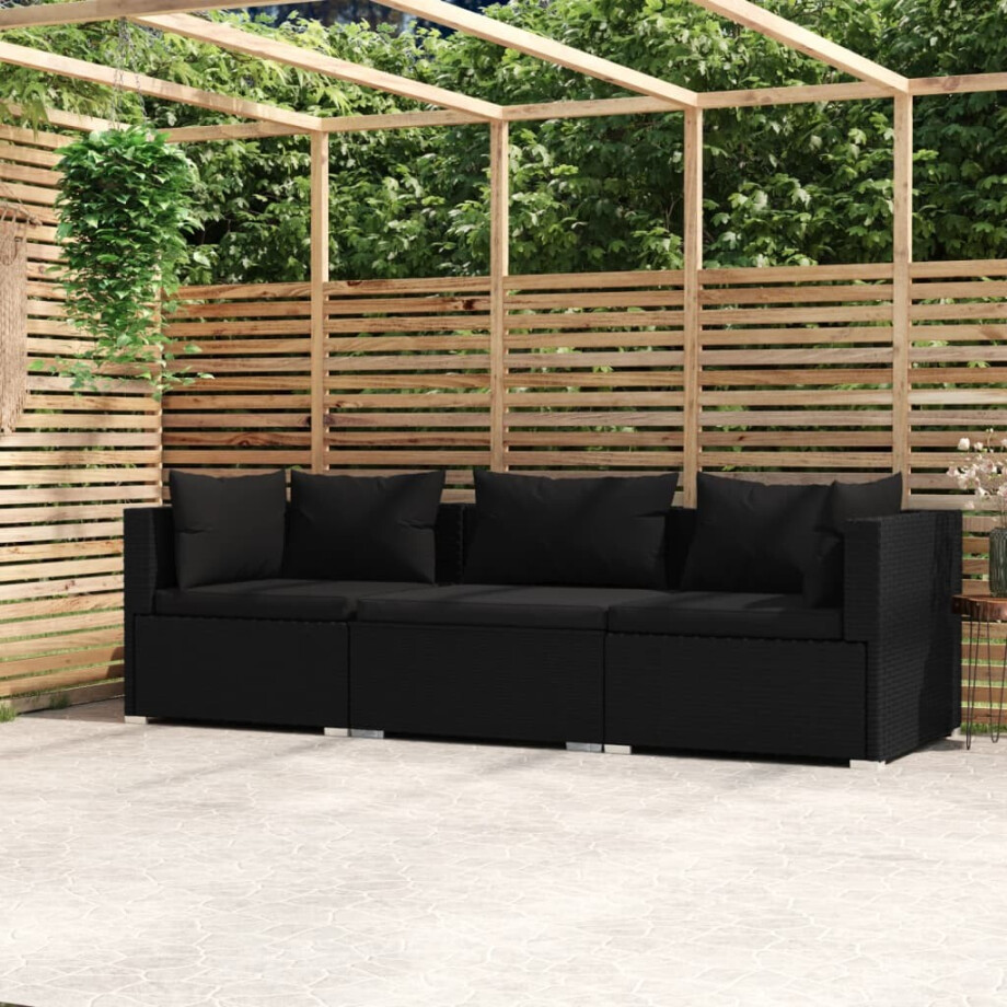 vidaXL Driezitsbank met kussens poly rattan zwart vidaXL Driezitsbank met kussens poly rattan zwart afbeelding 1