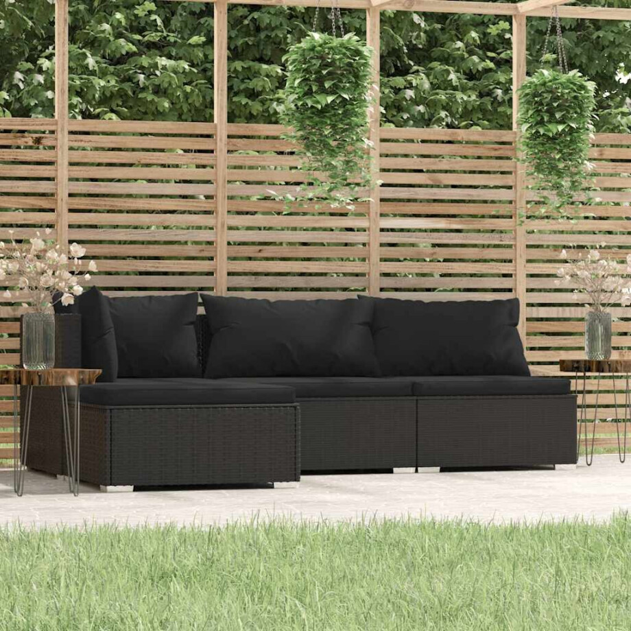 vidaXL 4-delige Loungeset met kussens poly rattan zwart afbeelding 1
