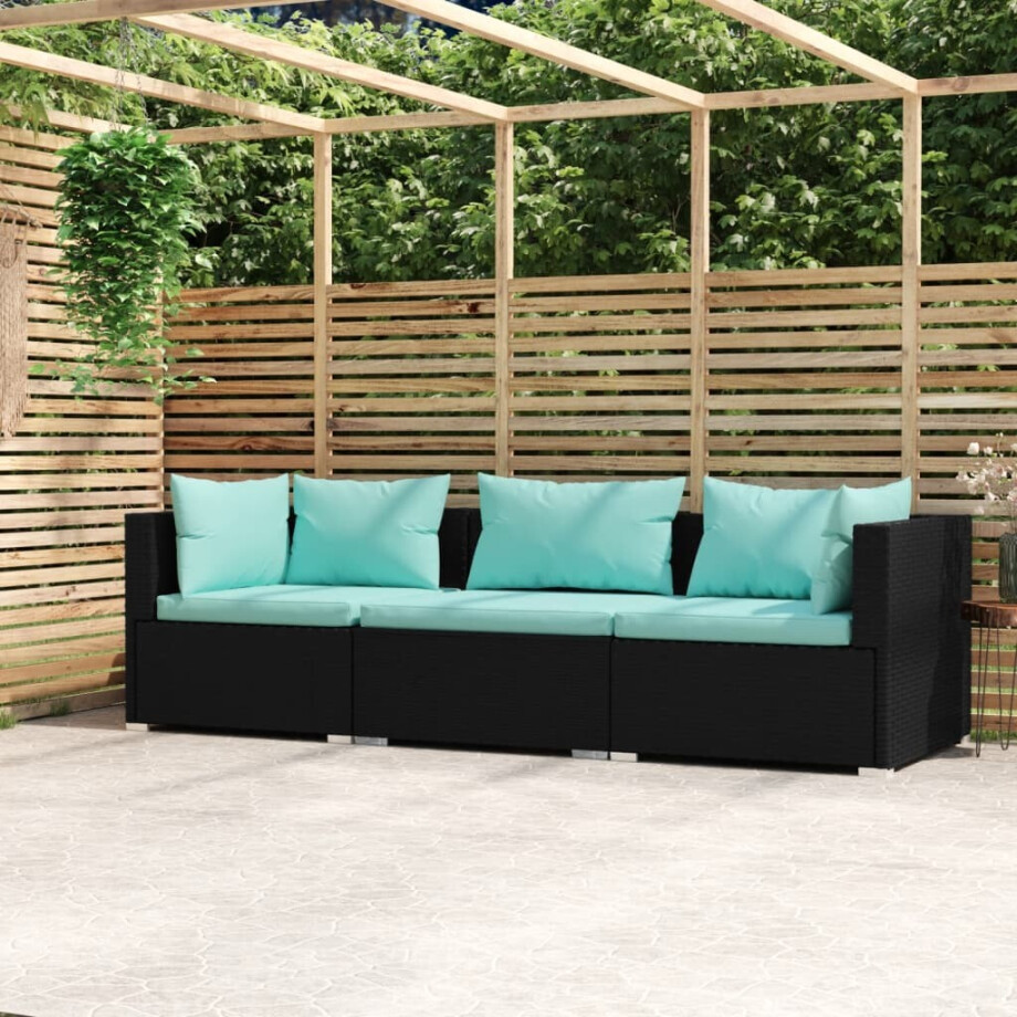 vidaXL Driezitsbank met kussens poly rattan zwart afbeelding 1