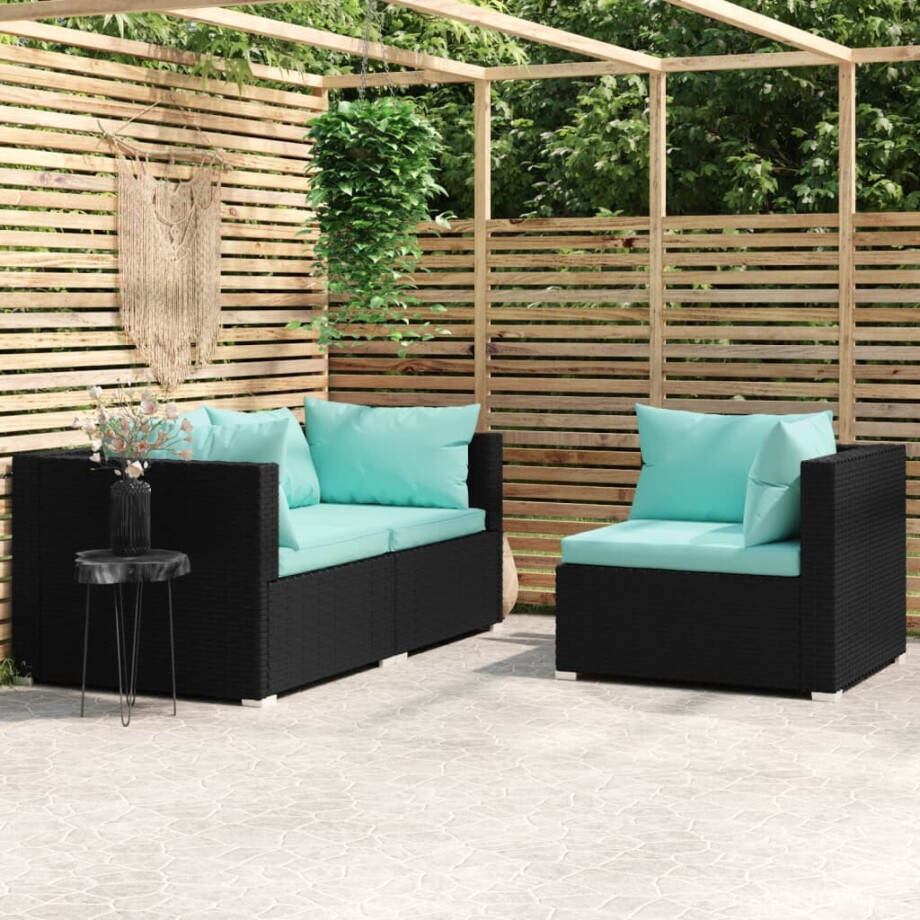 vidaXL 3-delige Loungeset met kussens poly rattan zwart vidaXL 3-delige Loungeset met kussens poly rattan zwart afbeelding 1