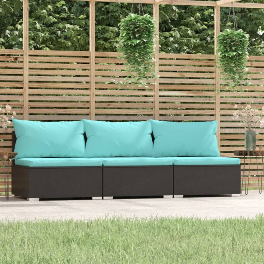 vidaXL Driezitsbank met kussens poly rattan zwart vidaXL Driezitsbank met kussens poly rattan zwart afbeelding 1