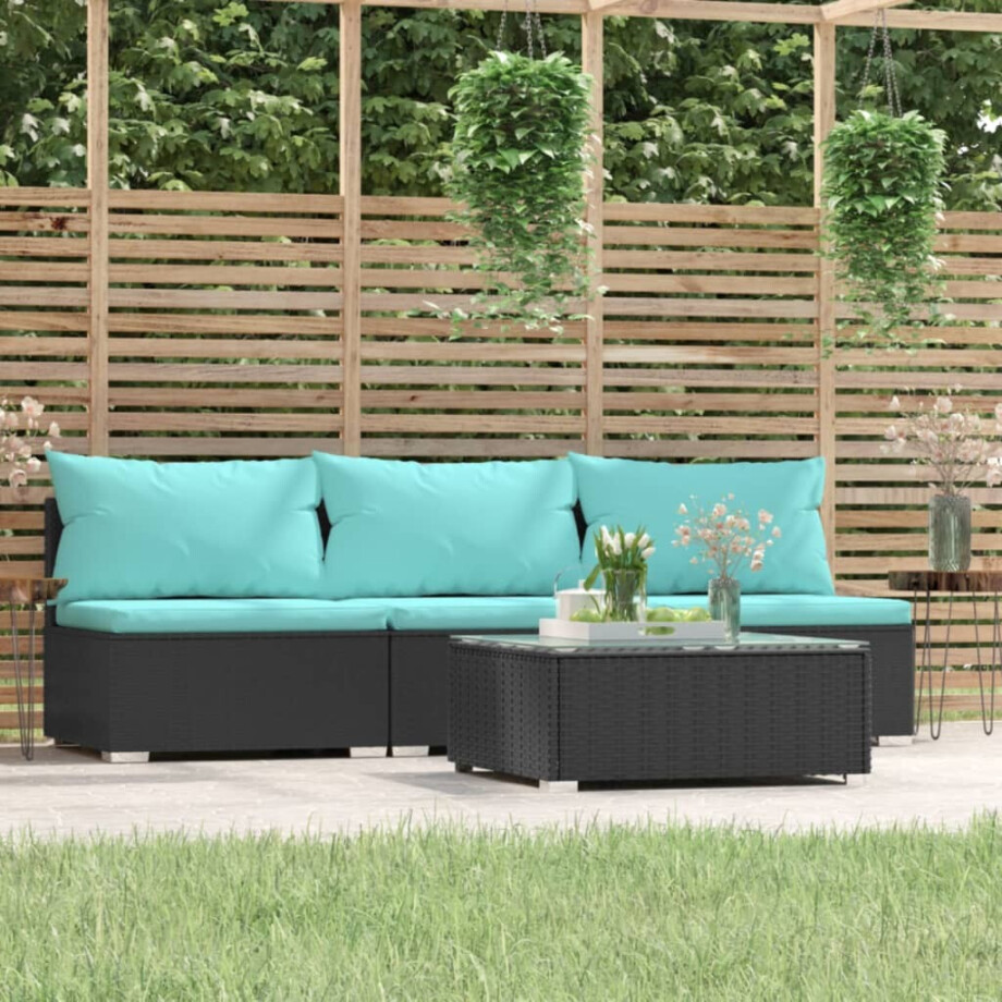 vidaXL 4-delige Loungeset met kussens poly rattan zwart afbeelding 1