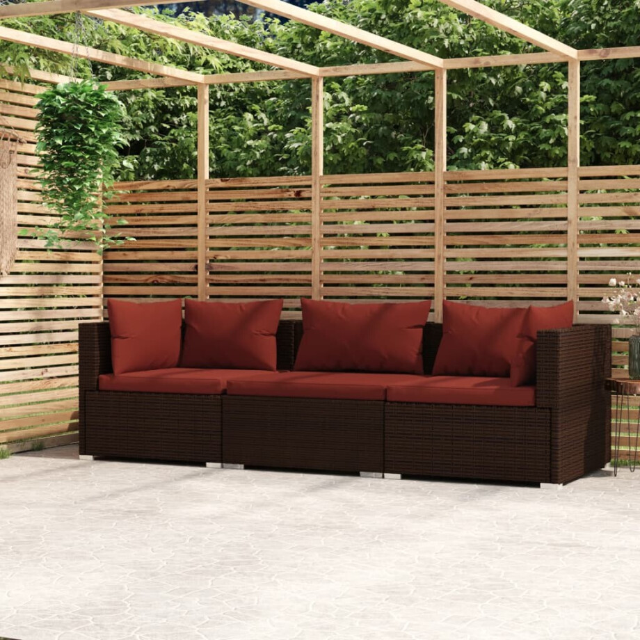 vidaXL Bank 3-zits met kussens poly rattan bruin afbeelding 1