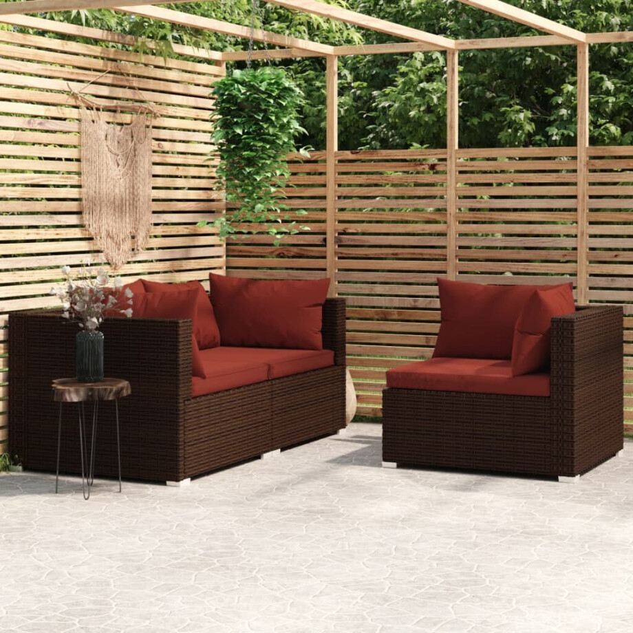 vidaXL 3-delige Loungeset met kussens poly rattan bruin afbeelding 1