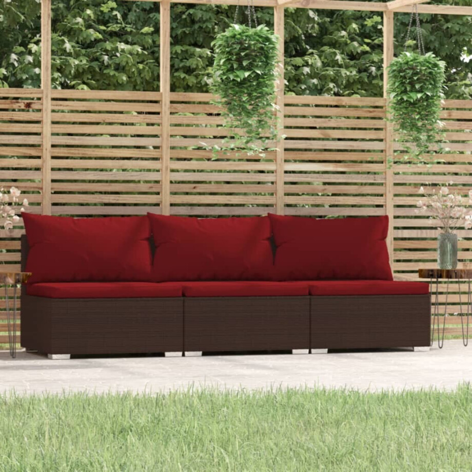 vidaXL Bank 3-zits met kussens poly rattan bruin vidaXL Bank 3-zits met kussens poly rattan bruin afbeelding 1