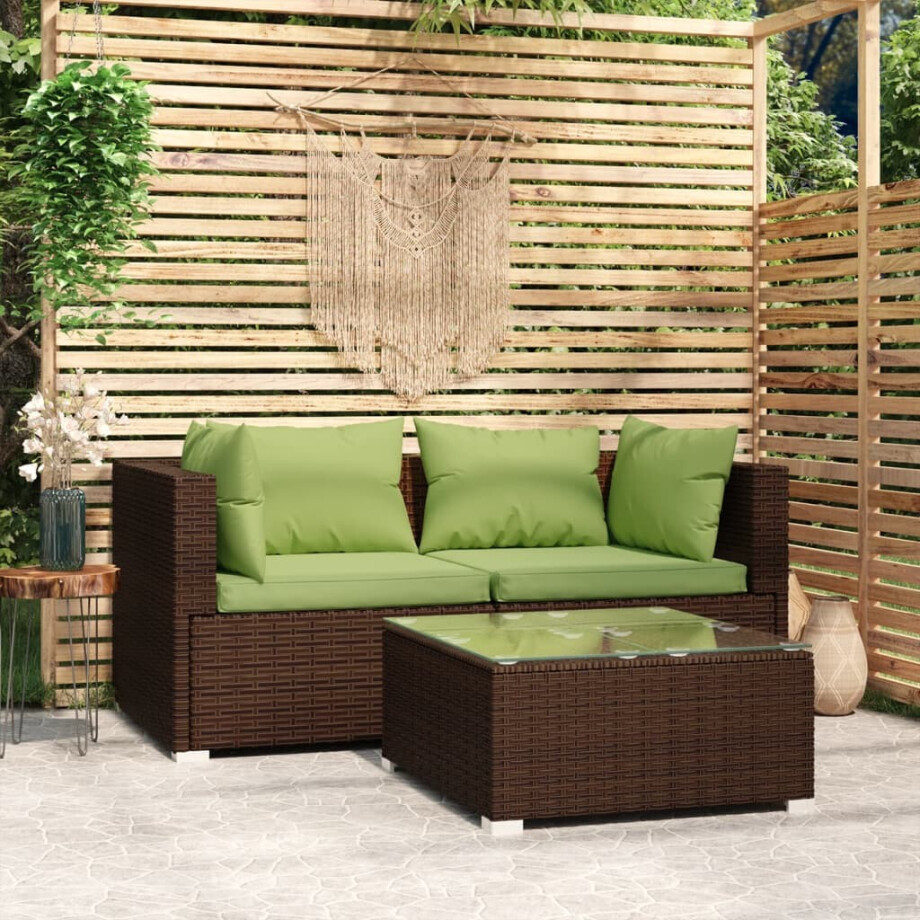 vidaXL 3-delige Loungeset met kussens poly rattan bruin afbeelding 1