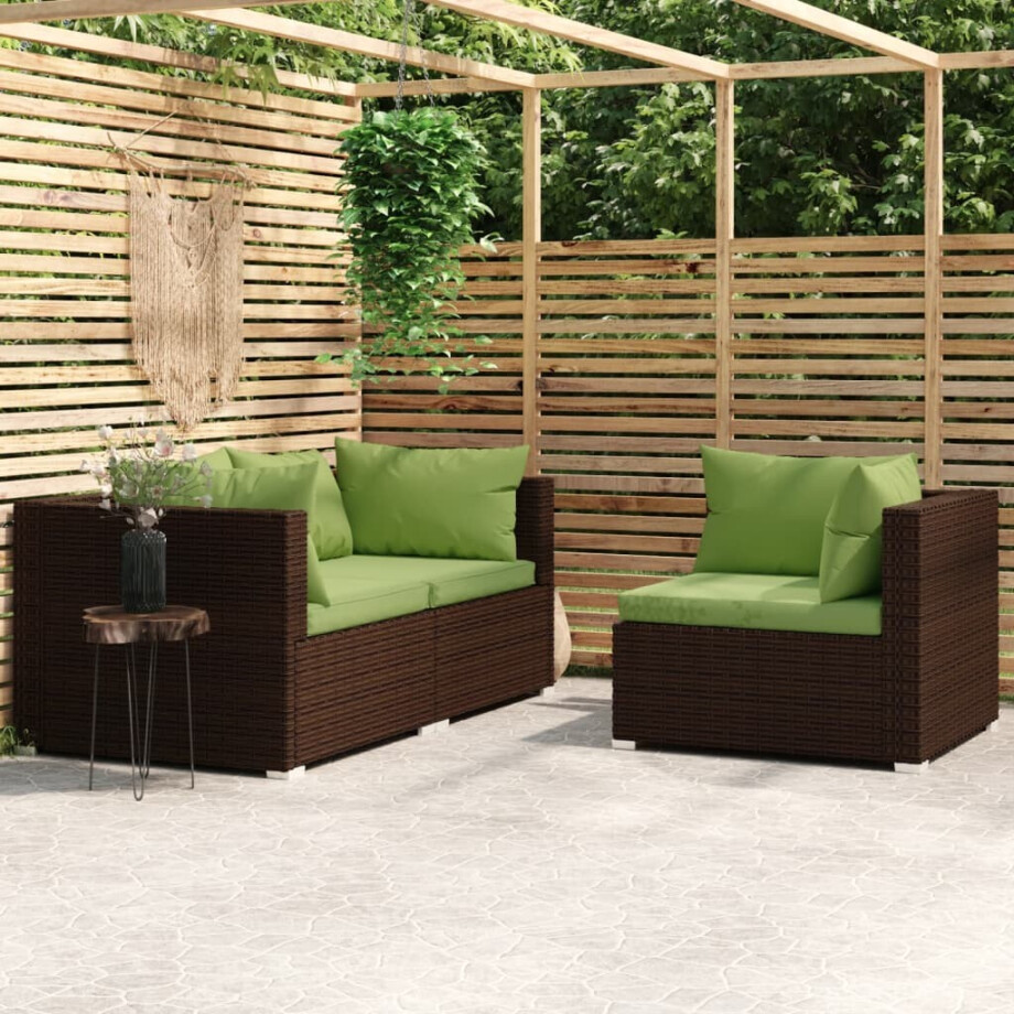 vidaXL 3-delige Loungeset met kussens poly rattan bruin afbeelding 1