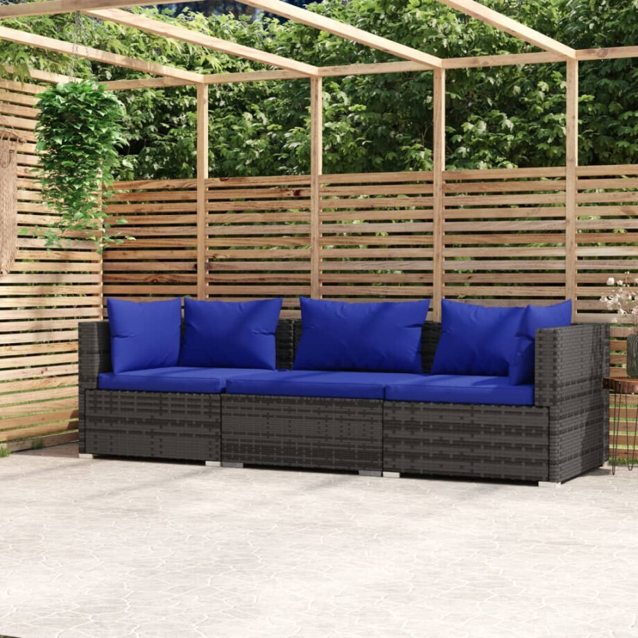 vidaXL Tuinbank 3-zits met kussens poly rattan grijs afbeelding 1
