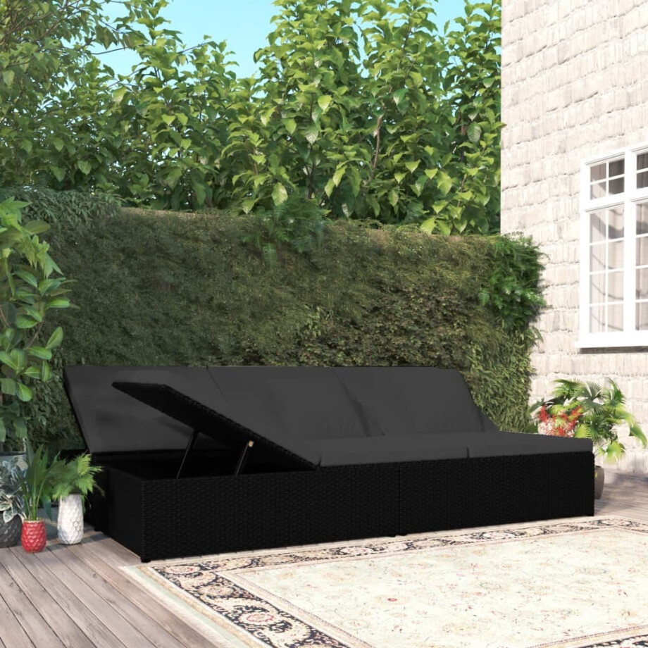 vidaXL Ligbed met kussens converteerbaar poly rattan zwart vidaXL Ligbed met kussens converteerbaar poly rattan zwart afbeelding 1