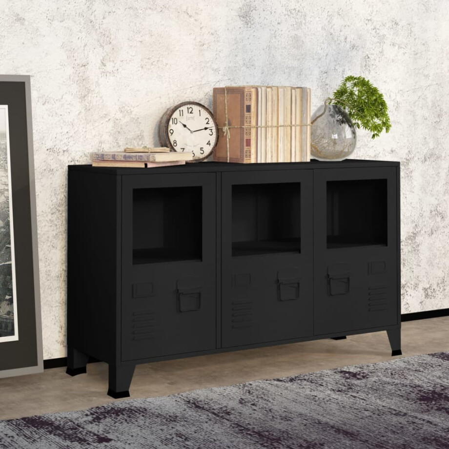 vidaXL Dressoir industrieel 105x35x62 cm metaal en glas zwart vidaXL Dressoir industrieel 105x35x62 cm metaal en glas zwart afbeelding 1
