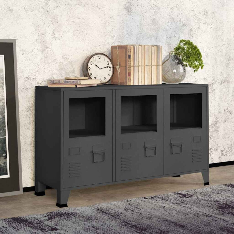 vidaXL Dressoir industrieel 105x35x62 cm metaal en glas antracietkleur afbeelding 1