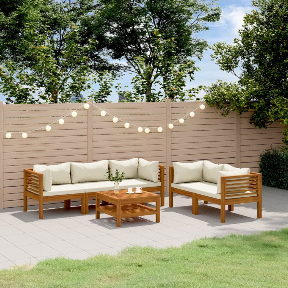 vidaXL 6-delige Loungeset met crèmekleurige kussens massief acaciahout vidaXL 6-delige Loungeset met crèmekleurige kussens massief acaciahout afbeelding 1