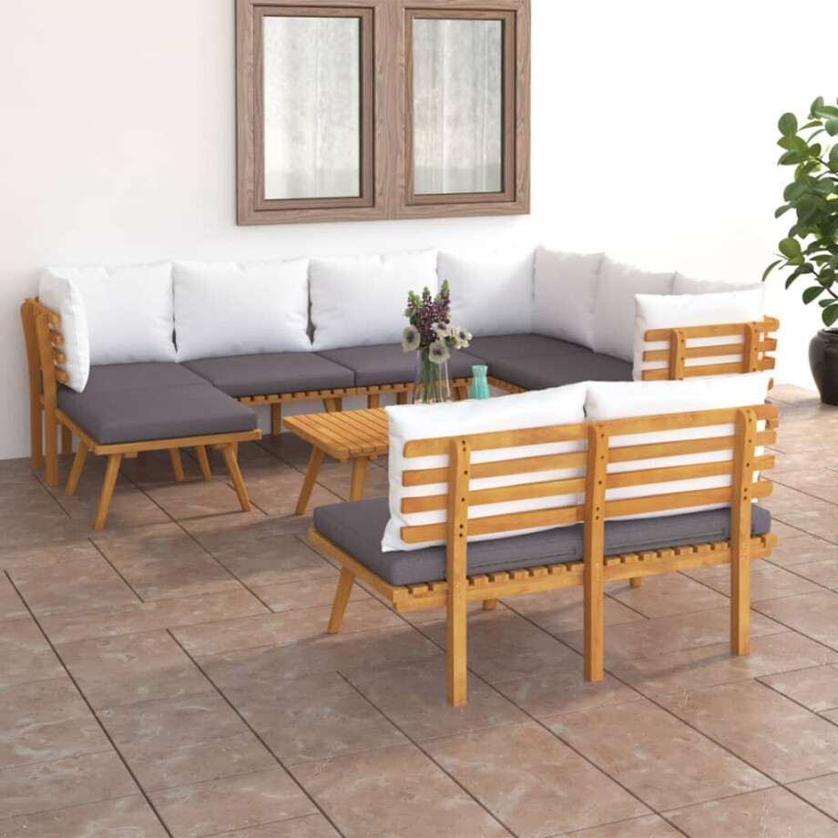 vidaXL 9-delige Loungeset met kussens massief acaciahout vidaXL 9-delige Loungeset met kussens massief acaciahout afbeelding 1