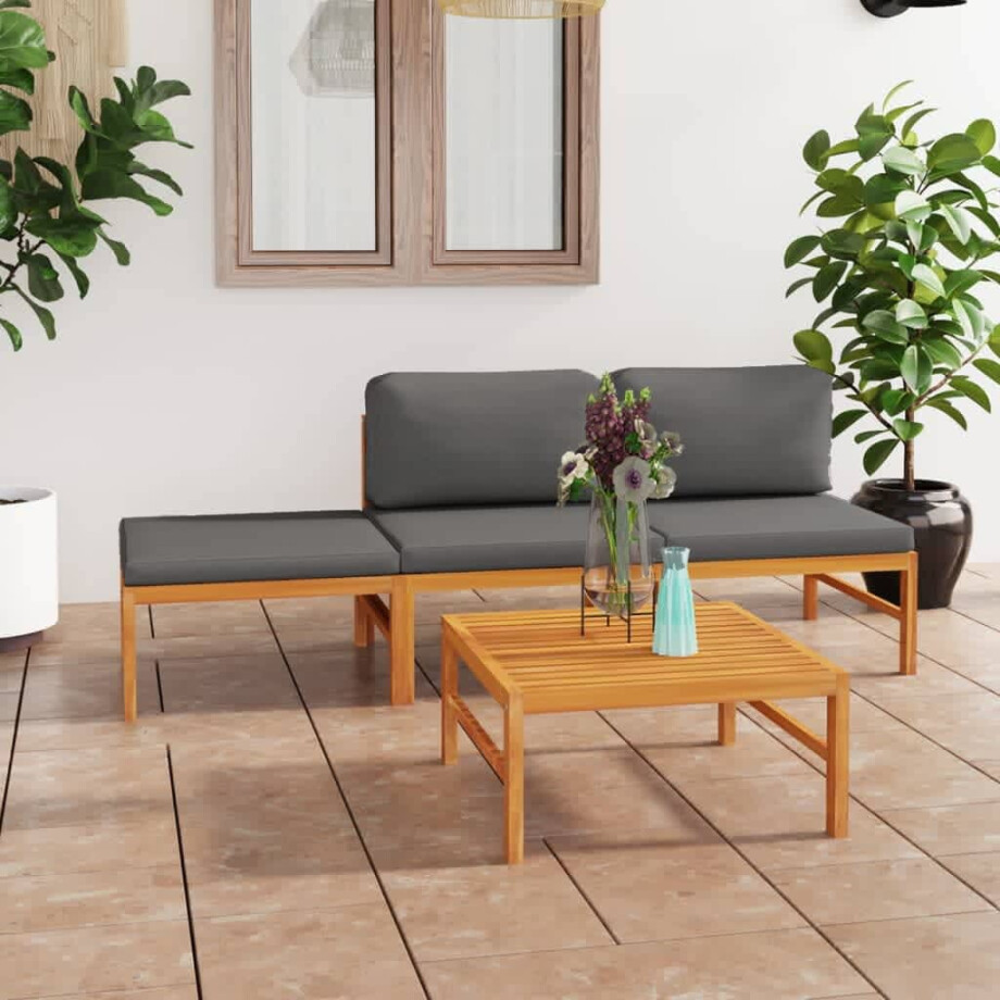 vidaXL 4-delige Loungeset met grijze kussens massief teakhout afbeelding 1
