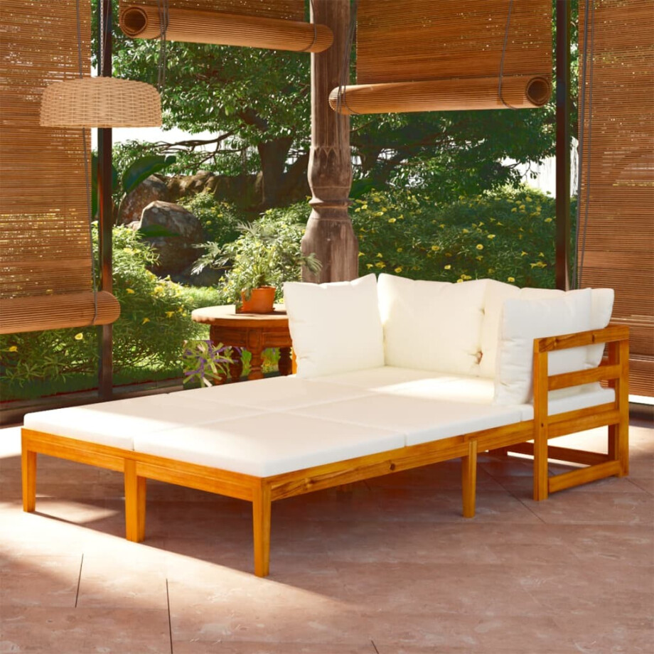 vidaXL Ligstoelen 2 st met crèmewitte kussens acaciahout afbeelding 1