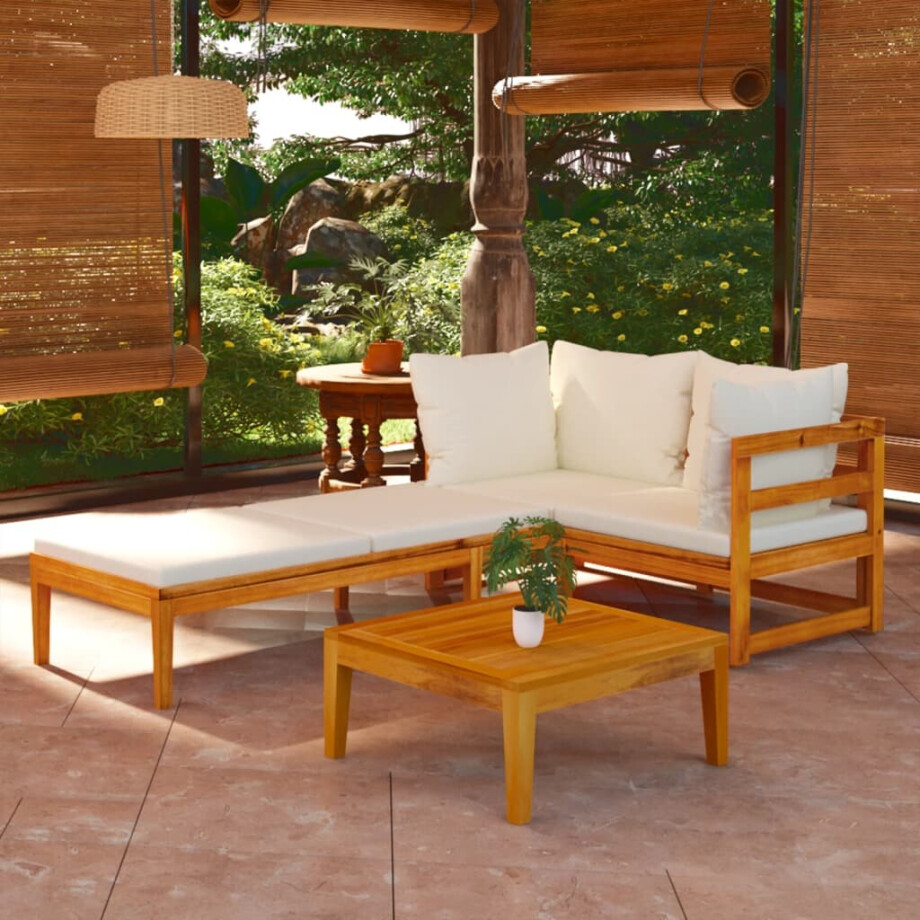 vidaXL 3-delige Loungeset met crèmewitte kussens acaciahout vidaXL 3-delige Loungeset met crèmewitte kussens acaciahout afbeelding 1