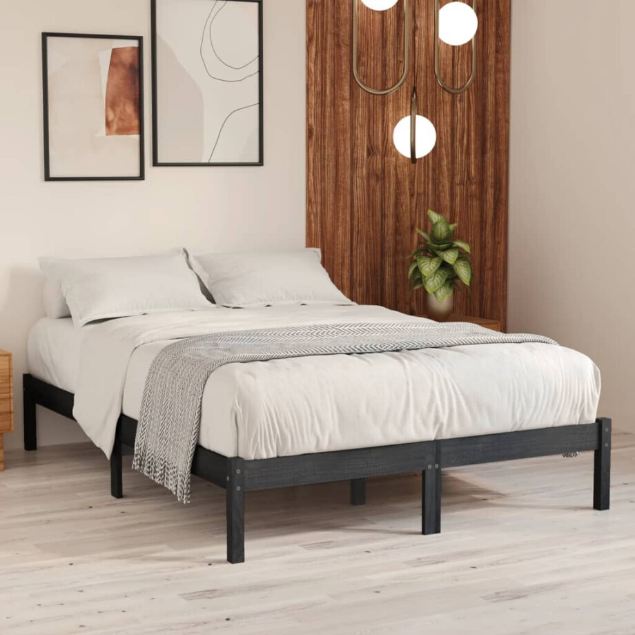 vidaXL Bedframe massief grenenhout grijs 200x200 cm afbeelding 1