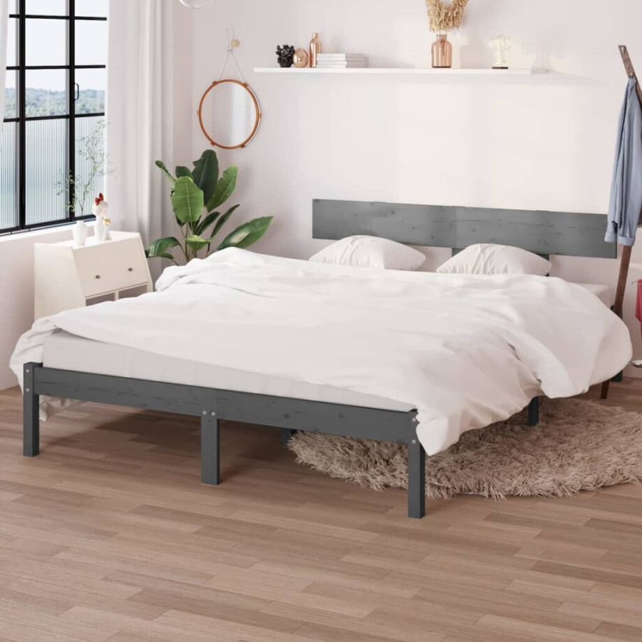 vidaXL Bedframe massief grenenhout grijs 150x200 cm afbeelding 1
