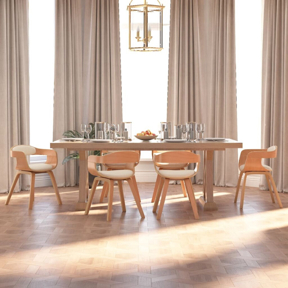 vidaXL Eetkamerstoelen 6 st gebogen hout en kunstleer crèmekleurig afbeelding 1