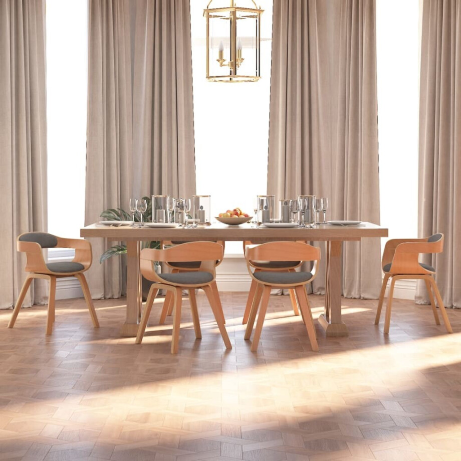 vidaXL Eetkamerstoel 6 st gebogen hout en stof lichtgrijs vidaXL Eetkamerstoel 6 st gebogen hout en stof lichtgrijs afbeelding 1