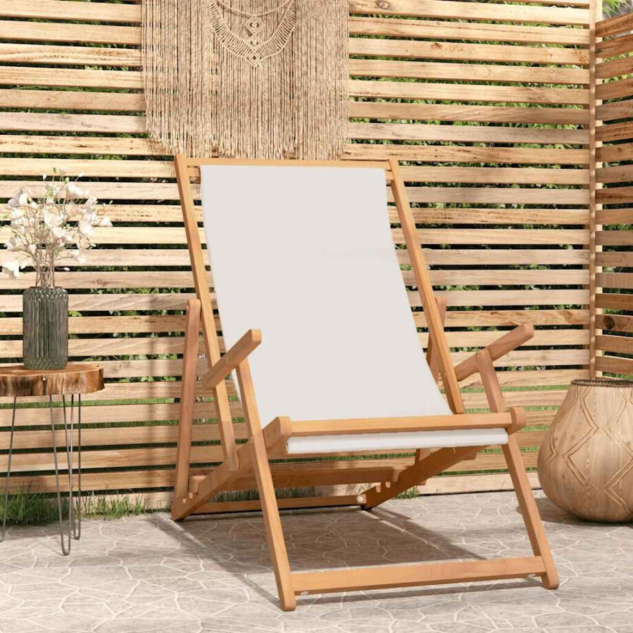 vidaXL Strandstoel inklapbaar massief teakhout crèmekleurig vidaXL Strandstoel inklapbaar massief teakhout crèmekleurig afbeelding 1