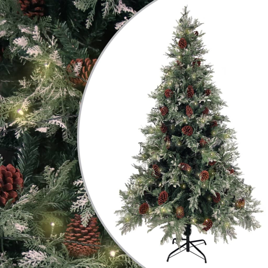 vidaXL Kerstboom met LED en dennenappels 195 cm PVC en PE groen en wit afbeelding 1