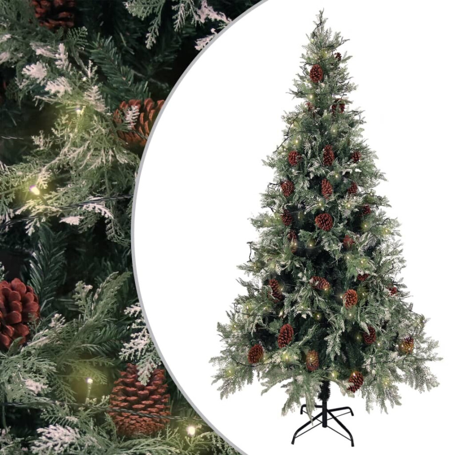 vidaXL Kerstboom met LED en dennenappels 225 cm PVC en PE groen en wit afbeelding 1
