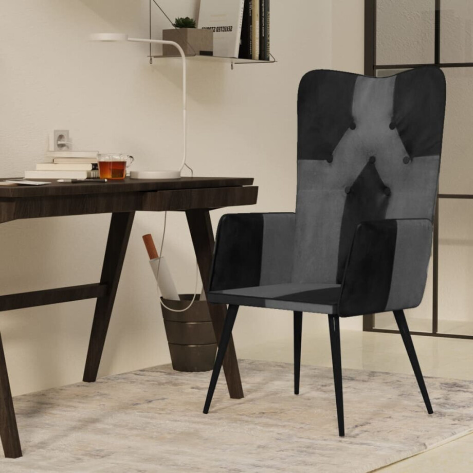 vidaXL Fauteuil echt leer zwart en grijs afbeelding 1